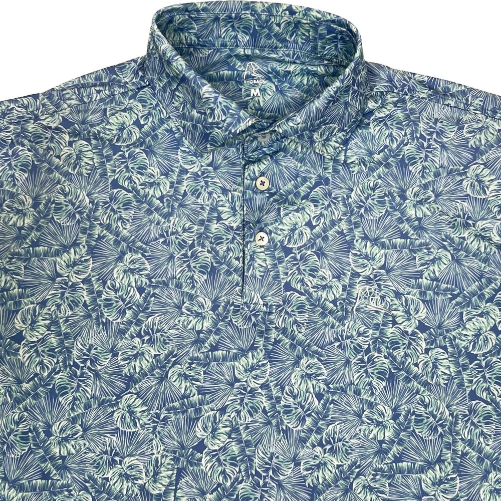 Rhoback Polo Shirt Mens Medium M Blue Green Tropical Palm Performance Stretch